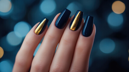 Navy and nude color-block coffin nails with gold foil on a chic female hand, making a bold statement