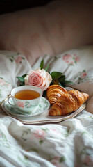 Mother  Day Breakfast in Bed with Flowers and Tea