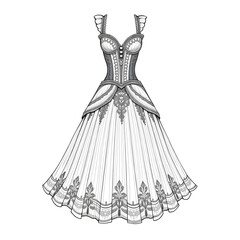 A black and white dress illustration line art of a coloring page