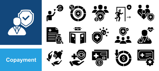 Copayment icon set with Deductible, Insurance premium, Prescription drugs, Emergency room, Primary care, Specialist, Outpatient.