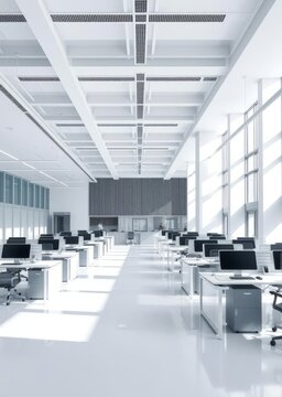 Modern corporate open office in minimalist modern design in whites and greys empty office workstations Empty room interior design architecture blank design room