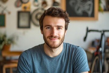 male portrait of adult European softly smiling man is 30 years old in blue T-shirt at living room background