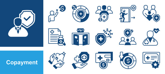 Copayment icon set with Deductible, Insurance premium, Prescription drugs, Emergency room, Primary care, Specialist, Outpatient.