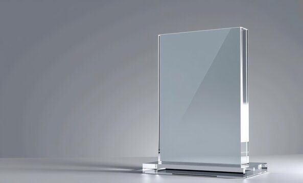 An ultra-realistic 3D rendering showcases a sleek transparent crystal trophy mock-up its blank square surface ready to be personalized with your company's logo or award text This stunning design exude