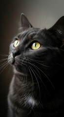 Obraz premium Close-up of gray cat's face, showcasing intense yellow eyes and fine whiskers, conveying elegance, mystery, and feline grace