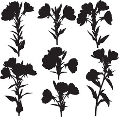 A collection of various evening primrose flower silhouettes, featuring distinct blossoms, buds, and leafy stems, ideal for botanical illustrations, natural patterns, and elegant floral designs