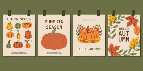 Set of autumn greeting cards with pumpkins, leaves, and seasonal messages. Cozy fall illustrations in earthy tones. Perfect for harvest celebration, decor, and seasonal promotions. Vector illustration