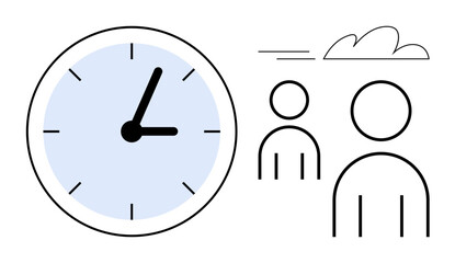 Large clock indicating time, two minimalistic human figures, and a cloud above. Ideal for productivity, efficiency, teamwork, time planning, project scheduling, group collaboration simple flat
