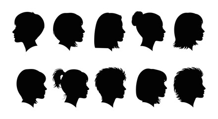 Silhouette portraits show diversity in female hairstyles, reflecting different generations and personal style choices for beauty and expression.