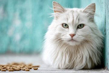 A long-haired white cat with striking green eyes sits comfortably beside scattered kibble, gazing thoughtfully against a soft turquoise background.