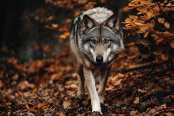 Fototapeta premium A gray wolf walks alone through an autumn forest with fallen leaves.