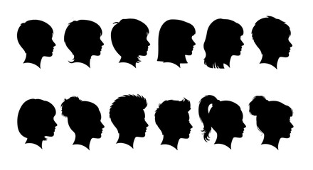 Diverse children silhouettes showcase different hairstyles and head shapes in black against a white background.