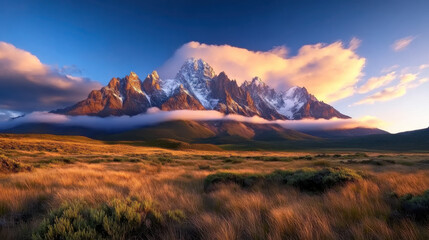 Majestic snow-topped peaks bathed in golden light, clouds drifting softly over rugged summits