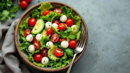 Fresh salad with lettuce, tomatoes and mozzarella cheese. 