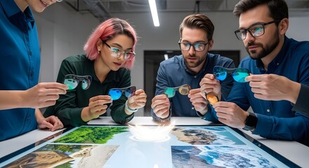 Team Evaluating Colorful Sunglasses Displayed Over Interactive Table in Modern Office