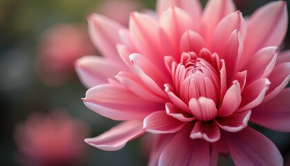 A softly lit, gigapixel image showcases the delicate beauty of a pink dahlia flower in bloom.