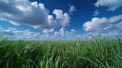 Fototapeta premium Landscape view of green grass field with blue sky background