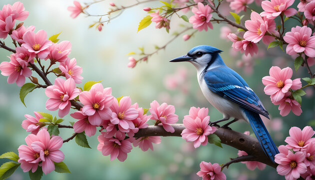 branch jay tree flowers pinkrich colored blue spring bird pink flower background nature animal floral blossom summer plant wildlife green natural feather garden leaf colourful wild flora beautiful ...
