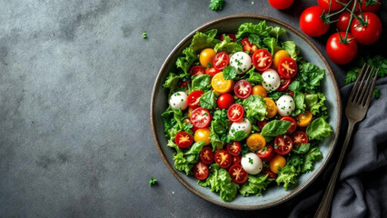 Fresh salad with lettuce, tomatoes and mozzarella cheese. 