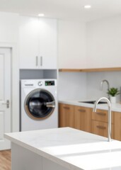 White marble countertop in blurred laundry room Empty room interior design architecture blank design room