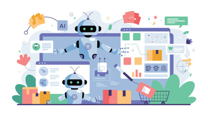 Robots analyzing data with charts and boxes artificial intelligence