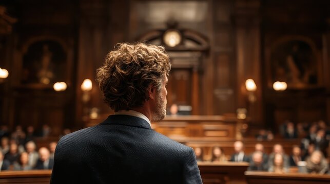 judge delivering verdict in formal courtroom setting