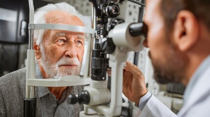 Elderly man receiving professional eye exam with ophthalmologist