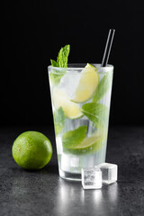 Classic Mojito Cocktail with Lime and Mint on black background