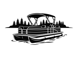 A black and white illustration of a pontoon boat on water