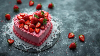 Heart shaped strawberry cake. Close up. 
