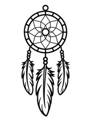 A black and white line art illustration of a dreamcatcher with a circular web pattern in the center