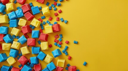 Festive celebration of ecuador independence day with colorful blocks design for holiday decor. Sweets in colors of flag of Ecuador on a yellow background. Horizontal banner. Copy space.