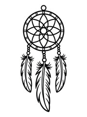 A black and white line art illustration of a dreamcatcher with a circular web pattern in the center