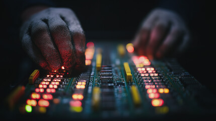 Naklejka premium Technician working on a circuit board with glowing electronic components