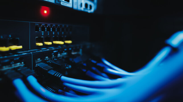 Network Server Closeup: A detailed view of a network server, showcasing the intricate connections of cables and ports. - Powered by Adobe
