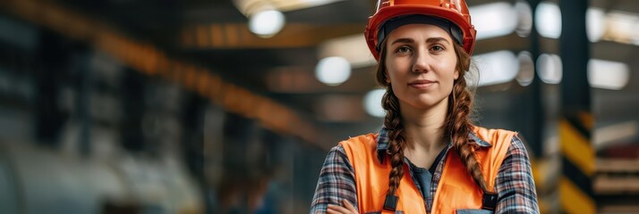 National builder day. Empowered female construction worker in safety gear. Horizontal banner. Copy space. International Workers Day. Safety and Health at Work. Woman builder in safety helmet