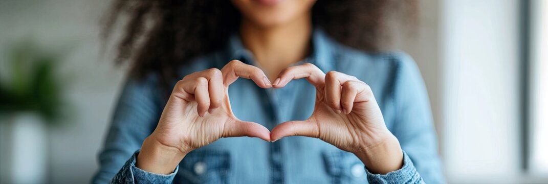Woman Showing Heart Sign Over Chest Symbolizing Self-Love