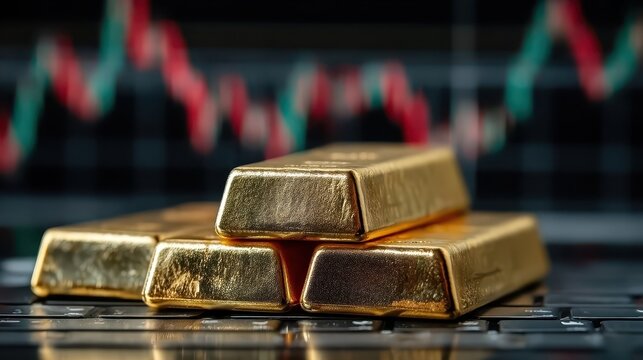 gold bars stacked on a trading platform with fluctuating market graphs in the background