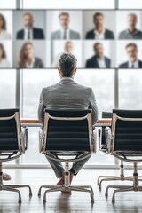 Corporate boardroom with empty chairs except for one person facing multiple video call screens,symbolizing decentralization and remote leadership.