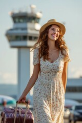 Happy young woman in a summer dress and hat walking with a suitcase at the airport, a smiling girl ready for vacation.