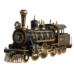 Obraz premium Antique black and gold steam locomotive model isolated on white background