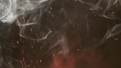A powerful pyrotechnic blast of thick white smoke, fiery embers, and glowing sparks. VFX element with alpha channel for explosions, fireworks, or magical spell effects.