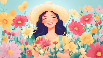 
A joyful woman in a straw hat smiles amidst a vibrant, whimsical garden of colorful flowers, embodying happiness and the beauty of nature