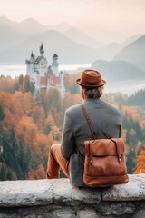 Traveler gazing at an old castle from a scenic mountain viewpoint, surrounded by autumn forests.