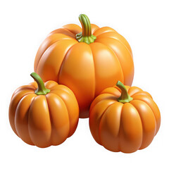 Photo of three orange pumpkins of varying sizes, isolated on transparent background