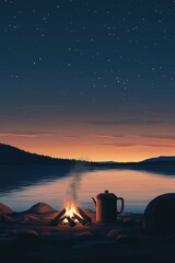 A minimalist shot of a campfire surrounded by smooth stones, with a pot of coffee brewing over the flames.
