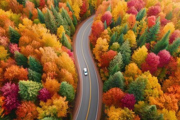 Drone shot high angle image of a colorful forest with a curvy road and a lonely car driving along, on an autumn day.
