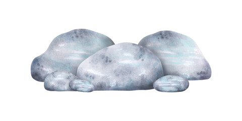 Composition of grey blue stones. Watercolor and marker illustrations. Isolated art with pebbles and geological minerals, hand-drawn. Perfect for design of nature scenes, sea and ocean landscapes