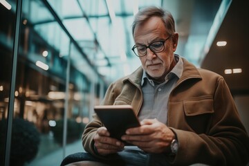 A portrait of an older adult from a minority background confidently using a tablet or smartphone in a modern, well-lit setting.