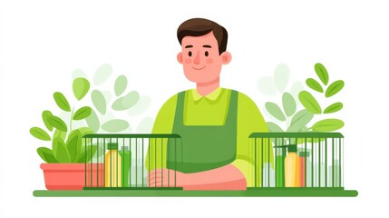Cheerful Man Managing a Pet Shop with Cages and Surrounded by Lively Green Plants